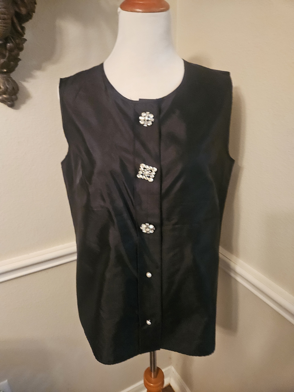Talbots Black Silk Sleeveless Blouse with Rhinestone Button Accents